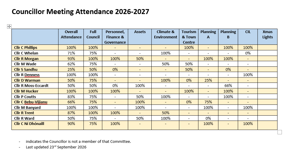 Table of meetings attendanded by Councillors and the percentage that they have attended